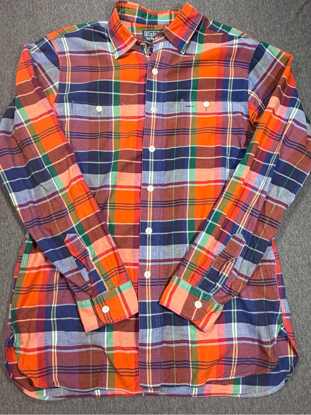 Polo Ralph Lauren Plaid Button Up Shirt Red Blur Mens M Cotton Double Pocket